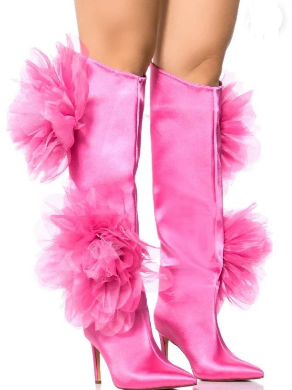 ✨✨NEW Azalea Wang Hot Pink Satin Floral Knee High Stiletto Boots Statement✨✨✨
